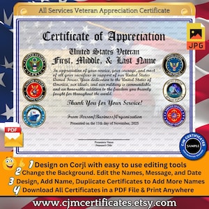 Custom Veteran Appreciation Certificate: All Services, Unlimited Names (PDF/JPG)