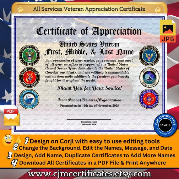 All Services Veteran Appreciation Certificate 001-Perfect for Veterans Day! Customize with CORJL-Unlimited Names and Downloads-PDF/JPG
