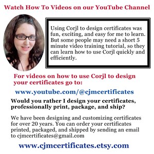 May include: A promotional graphic featuring a circular portrait of a person with dark hair and glasses. The text includes instructions for Corjl video tutorials, a YouTube channel link, and contact information for custom certificate design services.