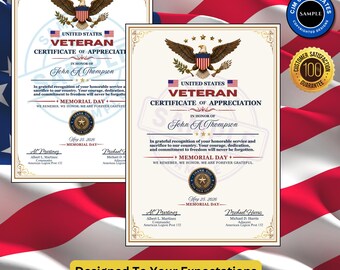 May include: Two certificates of appreciation for veterans, featuring the US flag and a bald eagle emblem. The certificates include text honoring service and dedication, with the text "Memorial Day" and the date May 25, 2026. The bottom of the image has the text "Designed To Your Expectations".