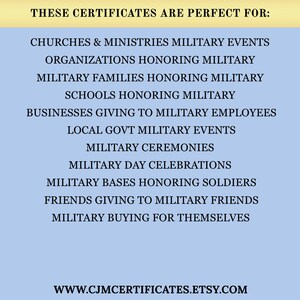 May include: A light blue rectangular sign with black text listing various groups and events for military certificates, including churches, ministries, schools, businesses, and ceremonies, with the website URL WWW.CJMCERTIFICATES.ETSY.COM at the bottom.