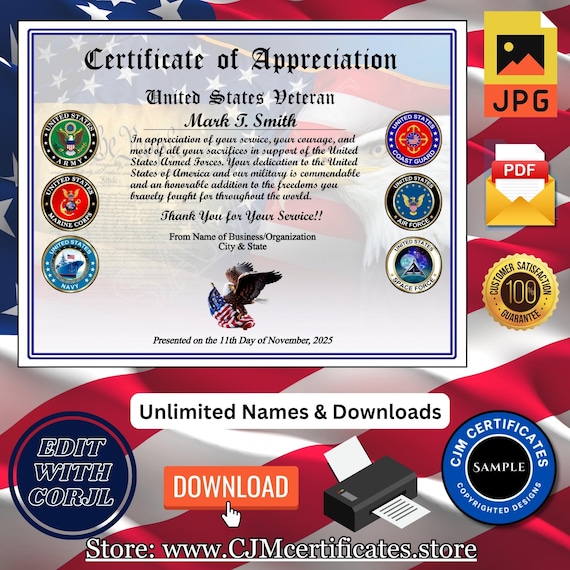 Veteran Certificates: Veterans Day Gift, Self-Design Certificates-Add Unlimited Names & Download Certificates 056