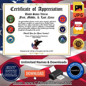 May include: A certificate of appreciation for a United States Veteran, featuring military branch seals and an eagle with the American flag. The certificate includes the text "Thank You for Your Service!" and is presented on the 11th day of November in the year 2025.