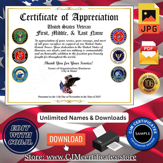 Custom Veteran Certificates for Veterans Day Gifts: Editable & Downloadable, Unlimited Names 070