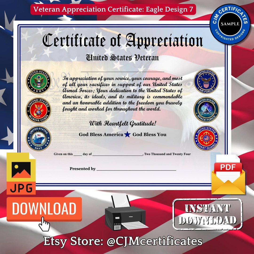 US Veteran Certificate D7-veterans Day-veteran Appreciation-honoring ...
