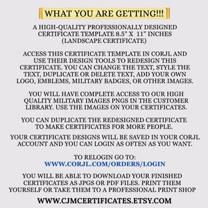 May include: A digital certificate template measuring 8.5 by 11 inches in landscape orientation. The text reads: WHAT YOU ARE GETTING!!! A HIGH-QUALITY PROFESSIONALLY DESIGNED CERTIFICATE TEMPLATE 8.5" X 11" INCHES. ACCESS THIS CERTIFICATE TEMPLATE IN CORJL.