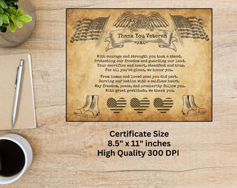 May include: A printable certificate of appreciation for a veteran, featuring a vintage-style design with an eagle, American flags, and boots. The text reads "Thank You Veteran" and includes a poem expressing gratitude for their service. The certificate is 8.5 inches by 11 inches and 300 DPI.
