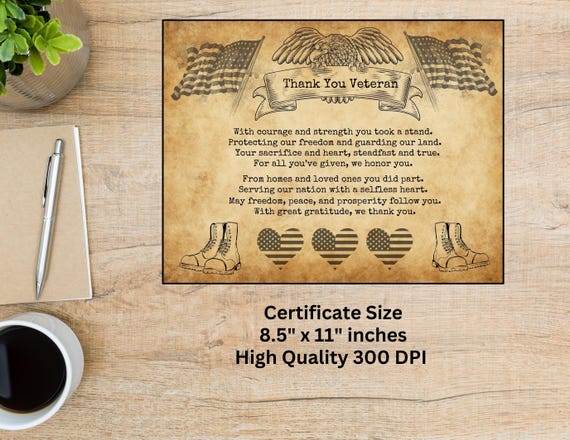 Thank You Veteran Vintage Certificate-Veterans Day-Veteran Appreciation-Honoring Veterans-Instant Download-Unlimited Prints