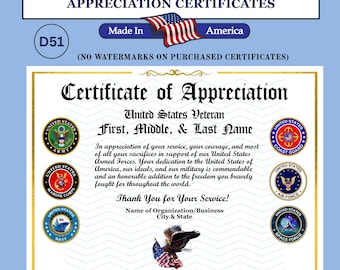 May include: A white certificate of appreciation for United States veterans featuring gold borders, the text 'Certificate of Appreciation', and six circular military branch emblems. An eagle graphic and American flag are included on the document.