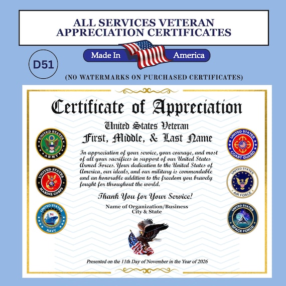 D51 Custom Veteran Certificates for Veterans Day Gifts: Editable & Downloadable, Add Names