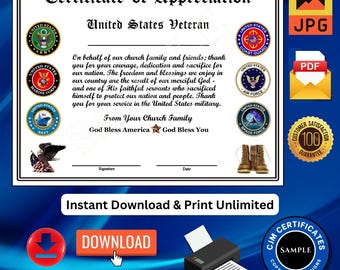 Unlimited Veteran Certificates of Appreciation-For Ministries and Churches-2A-Veterans Day-Instant Download-JPG and PDF Download