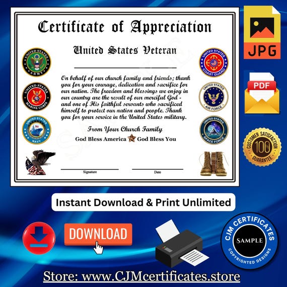 Unlimited Veteran Certificates of Appreciation-For Ministries and Churches-2A-Veterans Day-Instant Download-JPG and PDF Download