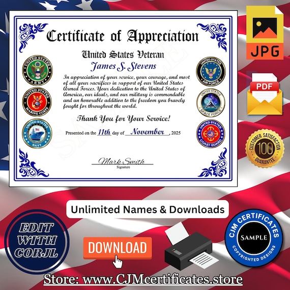 100+ Veteran Certificates of Appreciation: Veterans Day Gift, All Branches, Unlimited Names, Editable & Downloadable (PDF/JPG)