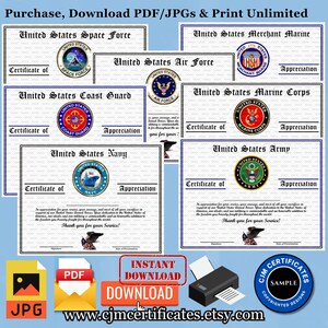 Military Appreciation Certificates Pack D51-Military Events!-Instant Download-Unlimited Prints-JPG and PDF Downloads-7 Certificates