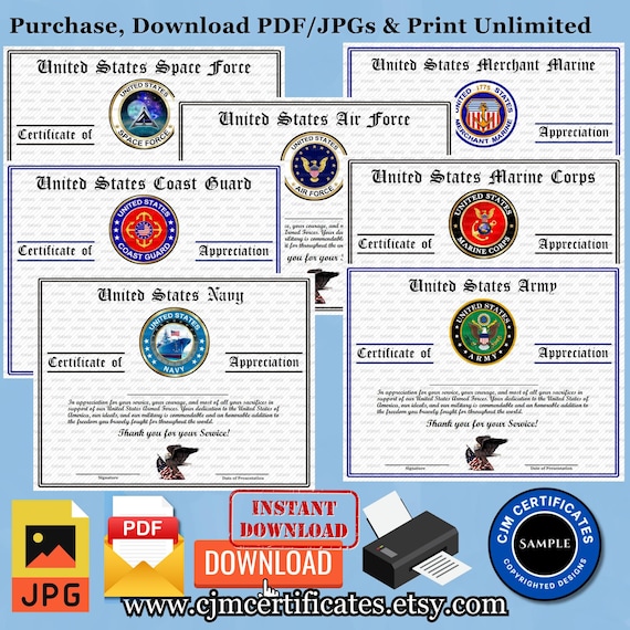 Military Appreciation Certificates Pack D51-Military Events!-Instant Download-Unlimited Prints-JPG and PDF Downloads-7 Certificates