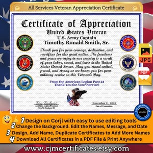 Custom Veteran Appreciation Certificate: All Services, Unlimited Names (PDF/JPG)