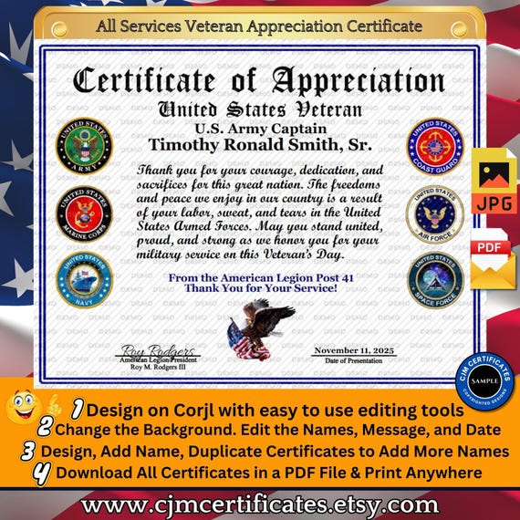 All Services Veteran Appreciation Certificate 018-Perfect for Veterans Day! Customize with CORJL-Unlimited Names and Downloads-PDF/JPG