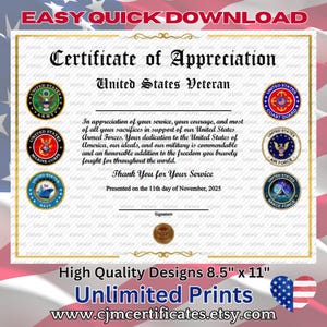All Services Veteran Appreciation Certificate 1B-Instant Download-Unlimited Prints-JPG and PDF Download