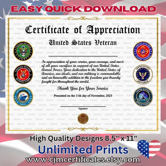 All Services Veteran Appreciation Certificate 1B-Instant Download-Unlimited Prints-JPG and PDF Download