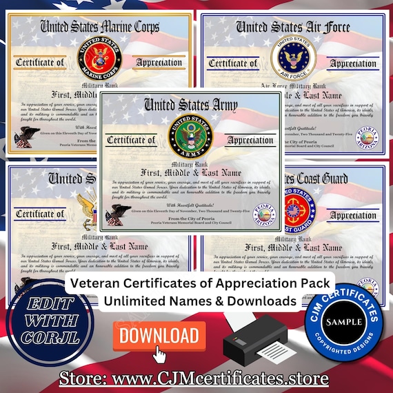 100+ Veteran Certificates of Appreciation Pack: Veterans Day, All Branches, Unlimited Names, Self-Design (PDF/JPG) D1