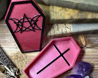 Triple Moon Coffin Jewelry Storage, Macabre Gothic Pentagram Keepsake Box, Epoxy Resin Trinket Tray for Alt Room Decor & Witchy Fashion