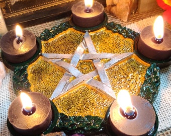 Pentacle Tealight Candle Holder, 5 Pointed Star Altar Accessory, Gold Silver Pentagram Candle Holder for Sacred Space and Witchy Room Decor