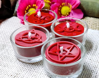 Witchy Tealight Set | 4 Magical Symbols | Spell Candles for Pagan Altar | Wicca Ritual