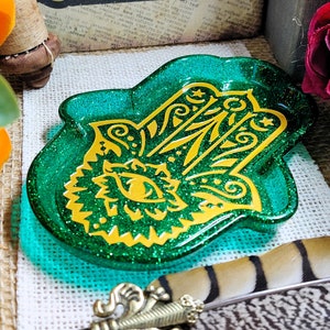 Hamsa Hand Jewelry Tray, Hand of Fatima Epoxy Resin Trinket Dish, Practical Magic Decor for Evil Eye Protection and Organizing Sacred Space