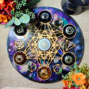 Resin Crystal Grid Board, Platonic Solid Sacred Geometry Chakra Healing Kit, Mandala Pattern Epoxy Art for Crystal Work and Spirit Guide