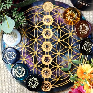 Resin Crystal Grid Board, Platonic Solid Sacred Geometry Chakra Healing Kit, Mandala Pattern Epoxy Art for Crystal Work and Spirit Guide