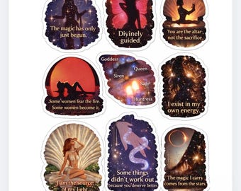 Paquete de pegatinas holográficas místicas / 16 pegatinas individuales / Pegatinas de afirmación femenina celestial /