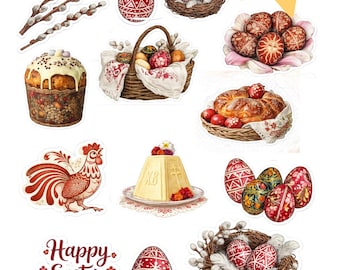 Pegatinas de Pascua eslavas: huevos Pysanky, Kulich, diseño folclórico (descarga digital)