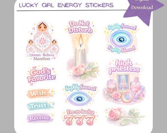 Paquete de pegatinas Lucky Girl Energy / 11 pegatinas digitales PNG / Pegatinas de manifestación