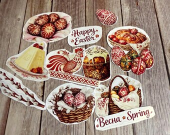 Pegatinas de Pascua eslavas / Huevos Pysanky, Kulich, Gallo folclórico (12 vinilos)