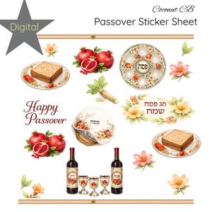 May include: Digital Passover sticker sheet with watercolor illustrations of traditional Passover items. Includes matzah, pomegranates, wine bottles, and floral accents. The text "Happy Passover" is also included.