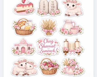 Pegatinas florales rosas para Shavuot / Diseños en tonos pastel de cordero, tarta de queso, Torá y trigo