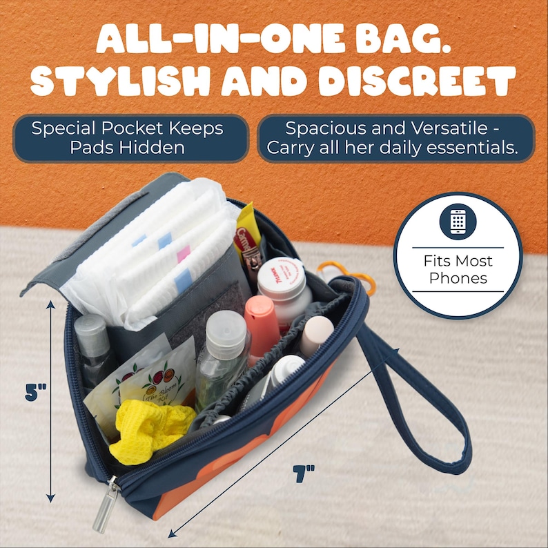 Puede incluir: Una bolsa con cremallera azul y naranja con asa. La bolsa est&aacute; abierta y llena de varios art&iacute;culos, incluidos compresas, un tel&eacute;fono y art&iacute;culos de tocador. La bolsa mide 17,8 cm de ancho y 12,7 cm de alto.  "Bolsa todo en uno. Elegante y discreta."  "Bolsillo especial para mantener las compresas ocultas."  "Espaciosa y vers&aacute;til: lleva todos sus art&iacute;culos esenciales diarios."  "Se adapta a la mayor&iacute;a de los tel&eacute;fonos."