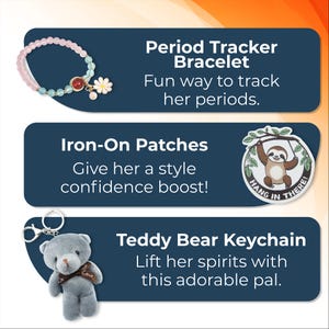 Puede incluir: Tres ideas de regalo para una persona joven. Un brazalete de cuentas rosa y azul con una gema roja y un dije de flor. Un parche de planchado azul con un perezoso colgado de una rama y el texto "Hang in there". Un llavero de oso de peluche azul con una cinta roja que dice "Love".