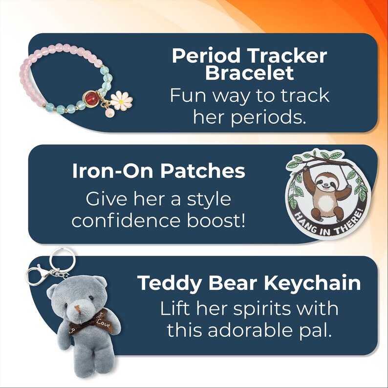 Puede incluir: Tres ideas de regalo para una persona joven. Un brazalete de cuentas rosa y azul con una gema roja y un dije de flor. Un parche de planchado azul con un perezoso colgado de una rama y el texto "Hang in there". Un llavero de oso de peluche azul con una cinta roja que dice "Love".