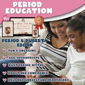 Puede incluir: Un gr&aacute;fico rosa y blanco con el texto "PERIOD EDUCATION" en letras grandes y negritas. El gr&aacute;fico tambi&eacute;n incluye el texto "9y+" y "100 PAGES". El gr&aacute;fico presenta a una madre y a su hija mirando una tableta juntas. El texto "PERIOD & PUBERTY EBOOK" tambi&eacute;n est&aacute; incluido. Debajo del texto hay cinco marcas de verificaci&oacute;n con el siguiente texto: "FUN & ENGAGING", "AGE-APPROPRIATE", "BUST PERIOD MYTHS", "BOOST HER CONFIDENCE" y "HELP HER UNDERSTAND HER PERIODS".