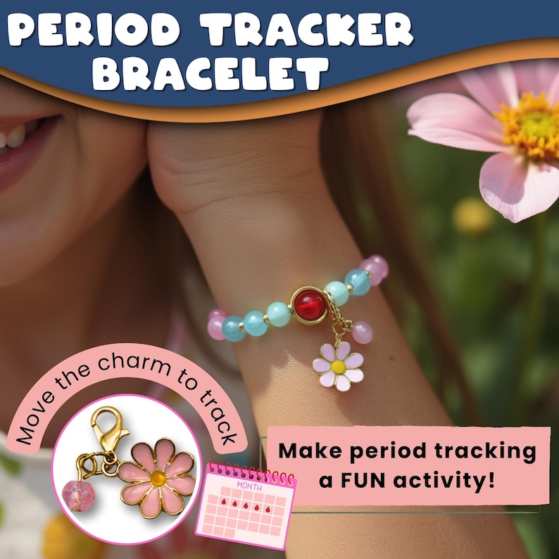 Puede incluir: Un brazalete dorado con cuentas azules y rosas y un dije de gema roja. Un dije de flor rosa cuelga del brazalete. El brazalete se lleva en la mu&ntilde;eca de una persona. La imagen tambi&eacute;n muestra un dije de flor rosa con una gema rosa y un calendario con puntos rojos.