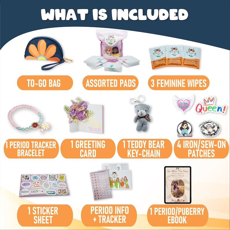 Puede incluir: Un kit colorido para j&oacute;venes incluye una bolsa para llevar, compresas surtidas, toallitas femeninas, una pulsera de seguimiento del per&iacute;odo, una tarjeta de felicitaci&oacute;n, un llavero de oso de peluche, parches para planchar, una hoja de pegatinas, un folleto de informaci&oacute;n y seguimiento del per&iacute;odo, y un libro electr&oacute;nico sobre el per&iacute;odo y la pubertad.