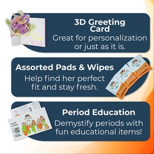 Puede incluir: Un conjunto de tres productos para una cesta de regalo de cuidado menstrual. El primer art&iacute;culo es una tarjeta de felicitaci&oacute;n 3D con un dise&ntilde;o floral. El segundo art&iacute;culo es un paquete de compresas y toallitas surtidas. El tercer art&iacute;culo es un folleto de educaci&oacute;n sobre la menstruaci&oacute;n con un c&oacute;digo QR escaneable.