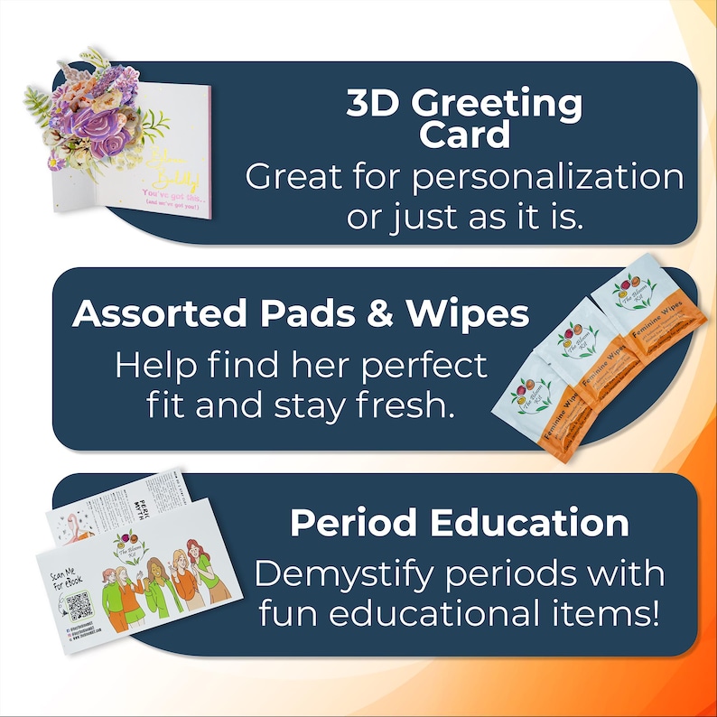 Puede incluir: Un conjunto de tres productos para una cesta de regalo de cuidado menstrual. El primer art&iacute;culo es una tarjeta de felicitaci&oacute;n 3D con un dise&ntilde;o floral. El segundo art&iacute;culo es un paquete de compresas y toallitas surtidas. El tercer art&iacute;culo es un folleto de educaci&oacute;n sobre la menstruaci&oacute;n con un c&oacute;digo QR escaneable.