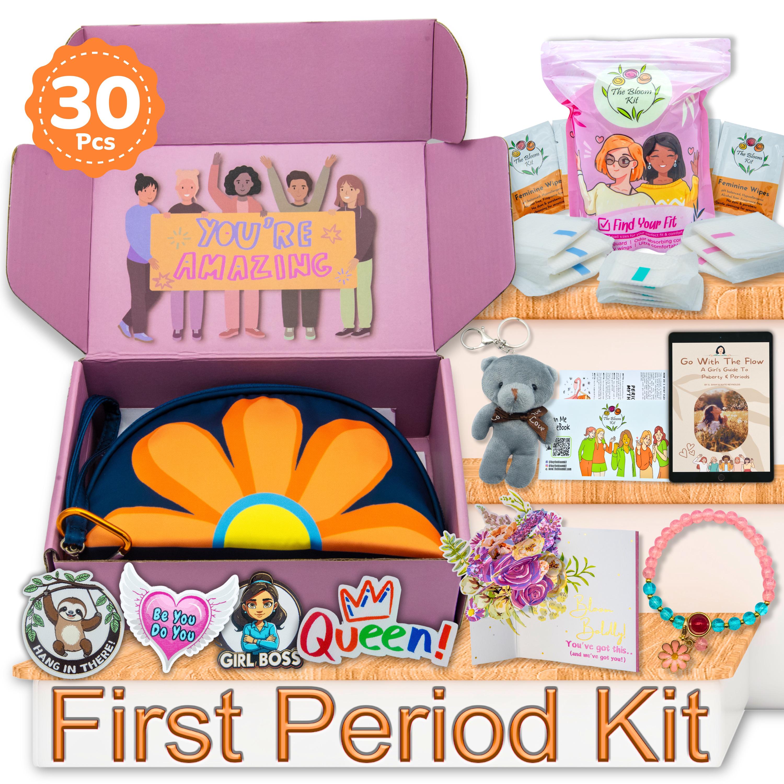 The Bloom Kit - Giftable First Period Kit for Girls Teens and Tweens - First Period Box - Period Kit for School - Period Emergency Kit BLUE