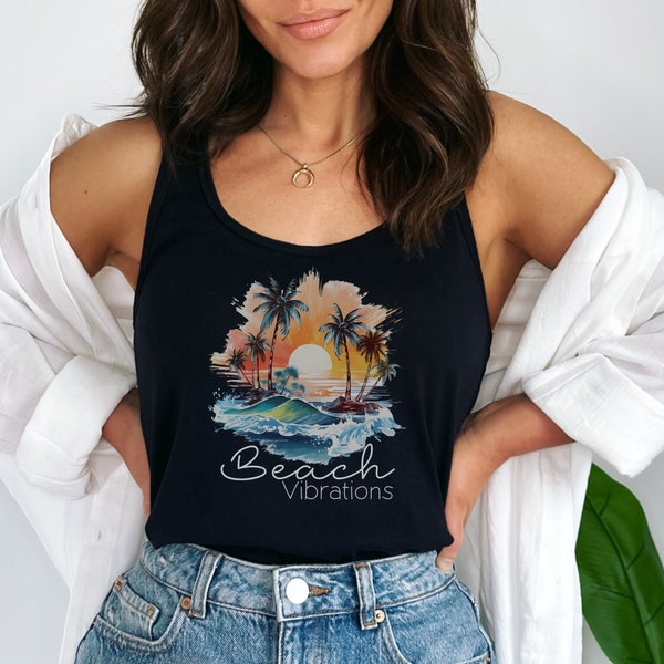 Beach Vibrations Women's Racerback Tank, Summer Cruise Vacation Tank Top, Trendy Beach Wear for her,Vintage Palm Tree Sunset Beach Trip Tank