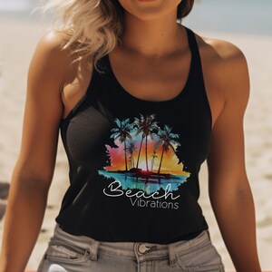 Beach Vibrations Women&#39;s Ideal Racerback Tank, Summer Vacation Tank Top, Trendy Cruise Gift for her,Vintage Palm Tree Sunset Beach Trip Tank