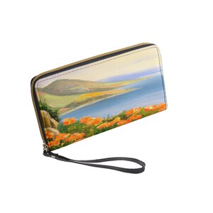 Einzigartige Big Sur Coast Beach California Poppies Malerei Lange Brieftasche mit Schwarzer Handschlaufe