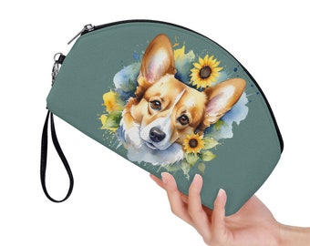 Teal, Corgis, Sonnenblumen, Aquarell, Makeup Tasche, Gebogen, Kosmetiktaschen