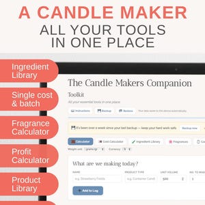 May include: A digital interface titled The Candle Makers Companion displayed on a screen. The software features an ingredient library, cost and batch tracking, a fragrance calculator, a profit calculator, and a product library for candle making.